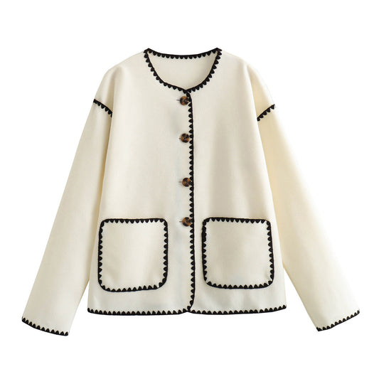 Chaqueta de Lana Elegante con Detalles de Bolsillos y Combinación de Colores Europeo-Americana - Image 2