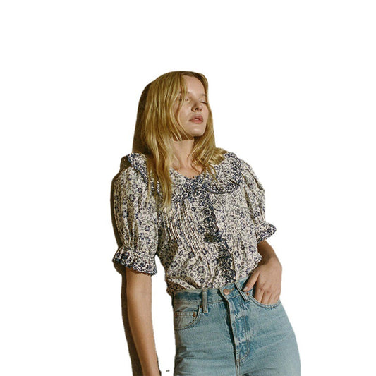 Blusa Vintage Francesa Resort con Volantes Estampada para Mujer - Image 2