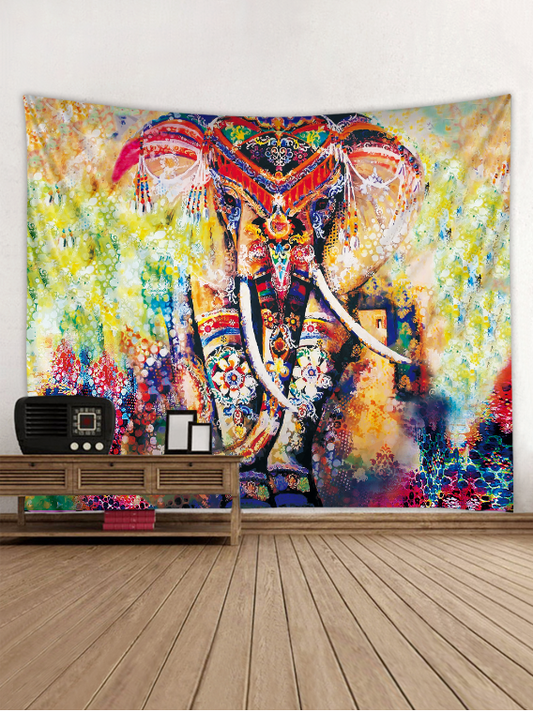 Vibrant multicolor elephant tapestry with a black background, featuring an abstract design for wall decor. - Image 2