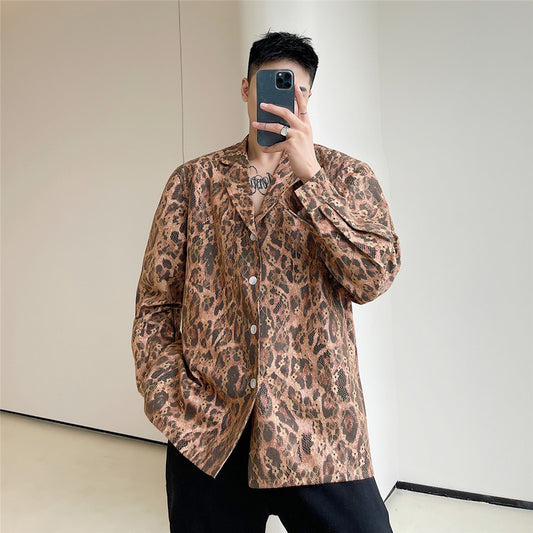 Camisa Elegante Cuello Solapa con Encaje y Estampado Leopardo para Hombre - Image 2
