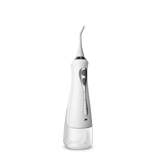 White portable electric water flosser with a clear water tank and silver control panel, standing upright. - Image 2