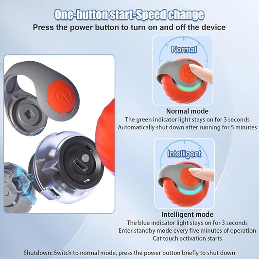 Blue interactive cat toy ball with a lime green tail and a power button, designed for indoor cats. - Image 2