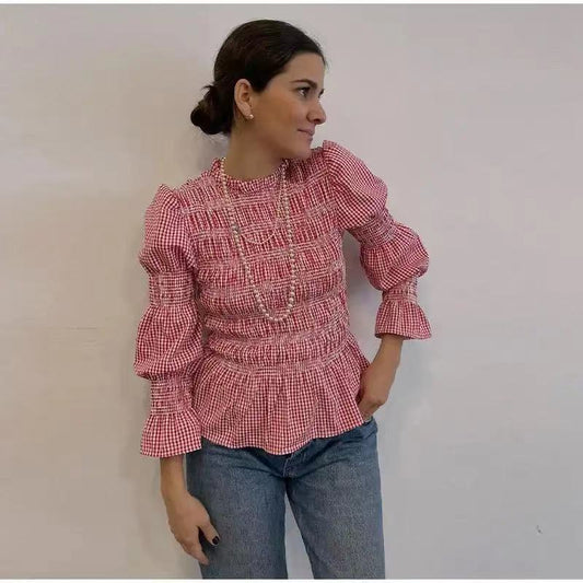 Blusa Ajustada con Pliegues y Estampado Cuadros para Mujer - Image 2