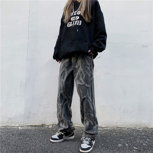 Pantalones Hip Hop Talle Alto Cintura Ancha Pierna Suelta Jeans Estampados - Image 2