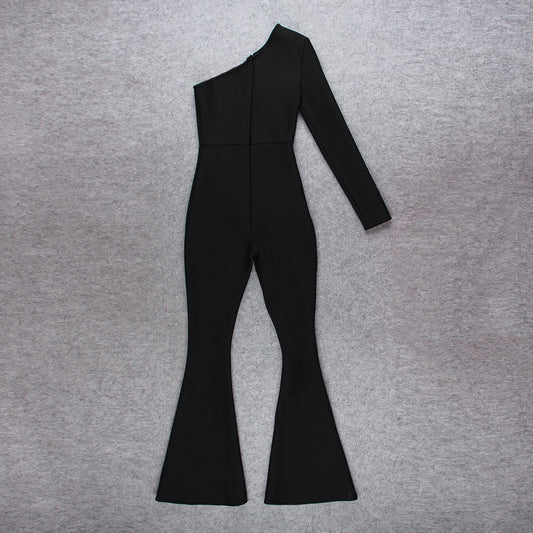 Jumpsuit Asimétrico de Cintura Alta con Pantalón Acampanado de Malla - Image 2