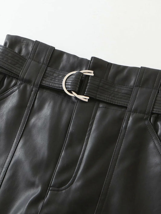 Pantalón de Cuero Ajustado con Cinturón Encaje Versátil para Mujer - Image 2