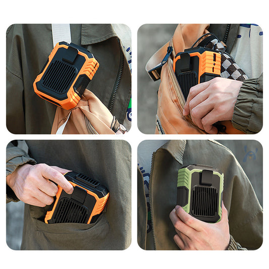 Green and black portable rechargeable mini fan with a clip, shown with a neck lanyard and fast charging cable. - Image 2