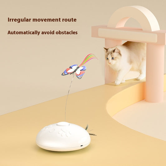 White electric cat toy with a colorful butterfly on a flexible wire and green feathers extending from the base. - Image 2