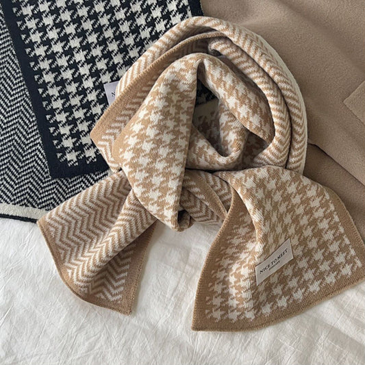 Bufanda de Lana Reversible Estilo Coreano Pata de Gallo y Olas - Tejida Doble Cara para Invierno - Image 2
