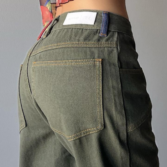 Jeans Verde Oliva Rectos Corte Alto Estilo Urbano - Image 2