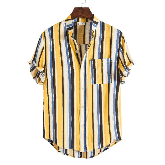 Camisa Casual Hombre Talla Grande Cuello Parado Rayas Manga Corta - Image 2