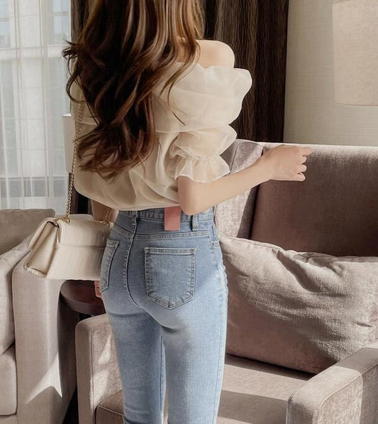 Blusa Entallada de Manga Abullonada en Tul Liso - Image 2