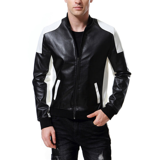 Abrigo de Cuero con Cuello de Pie y Combinación de Colores - Image 2