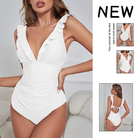 White one-piece swimsuit with a deep V-neck and ruffled shoulder straps, featuring a solid pure color design. - Image 2