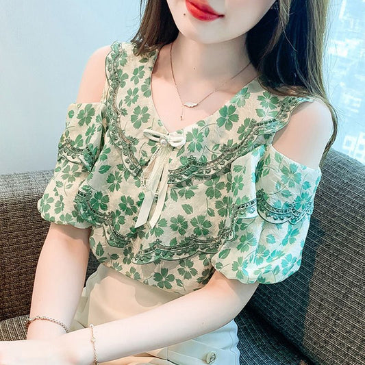 Blusa Chiffon Floral Hombro Descubierto - Camisa Romántica de Manga Corta - Image 2