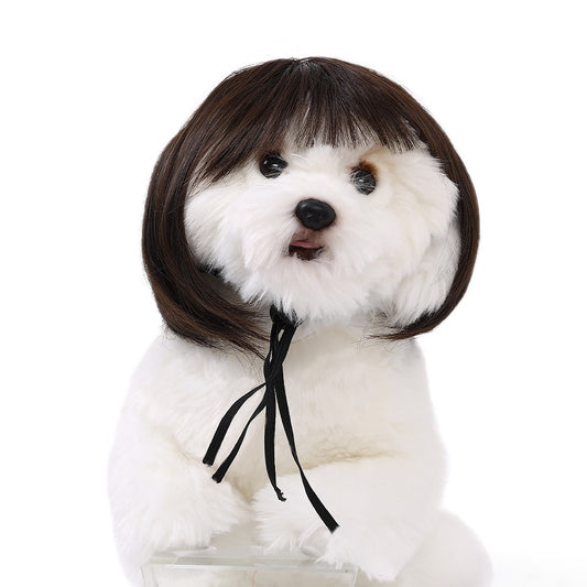 White fluffy dog plush toy wearing a short, straight grey bob wig with bangs and white tie ribbons. - Image 2