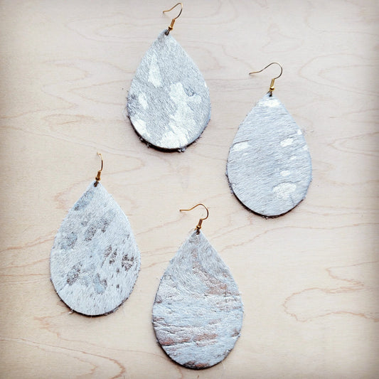 **Leather Teardrop Earrings-Silver Metallic Hair-On-Hide 224i
