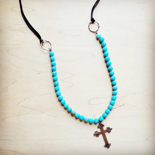**Frosted Magnesite Beaded Necklace w/ Copper Cross 258i