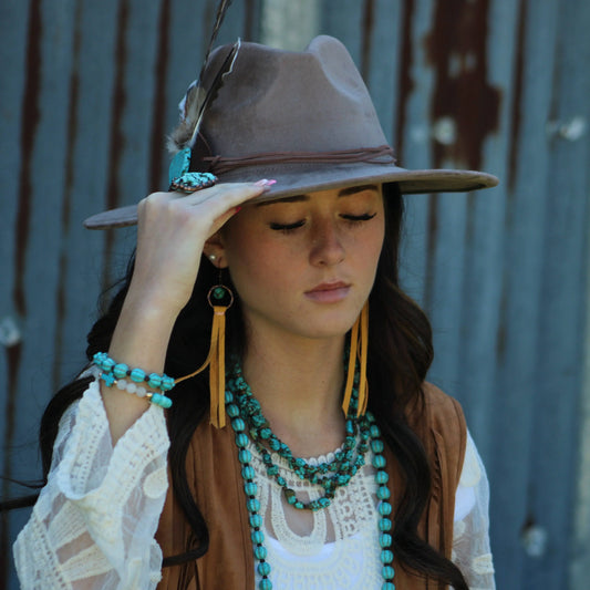 Turquoise Drop Earrings with Leather Tassel-Mustard 206f