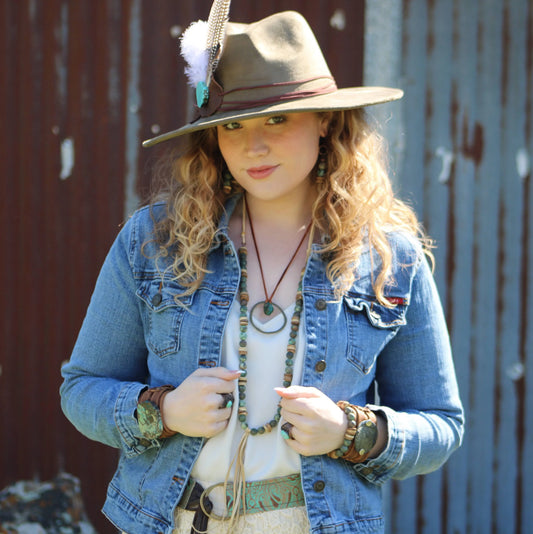 Leather Cord Necklace Antique Gold Hoop & Natural Turquoise 254v