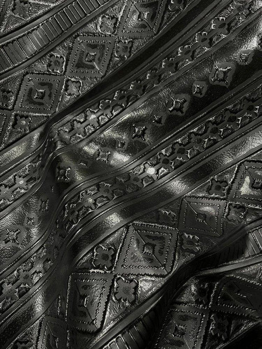 **Leather Narrow Oval Earrings in Black Navajo w/ Turquoise Accent 216a