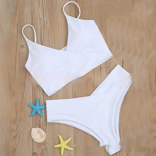 Bright yellow two-piece bikini swimsuit with a crop top and high-cut V-front bottoms, laid flat. - Image 2