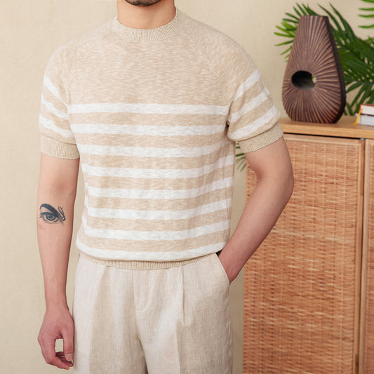 Camiseta de Algodón con Rayas - Cuello Redondo Manga Corta Comfort - Image 2