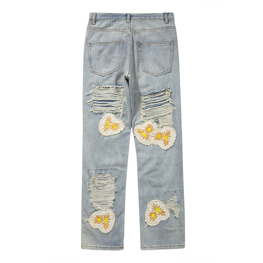 Jeans de Mezclilla con Parches Margarita Bordados Estilo Street - Image 2