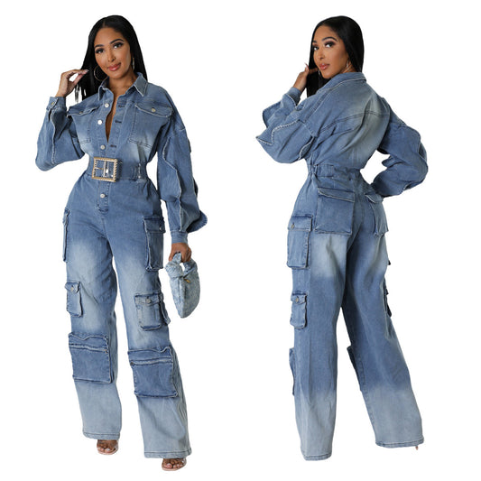 Jumpsuit Denim Overol Lavado Vintage con Múltiples Bolsillos - Image 2