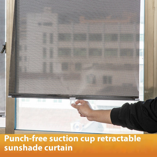 Black perforated roller blind with suction cups for window sun protection, measuring 60x40cm, shown extended. - Image 2