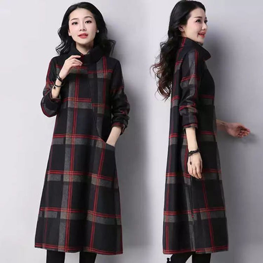 Vestido de Lana Talla Grande Cuadros Retro Otoño Invierno - Image 2