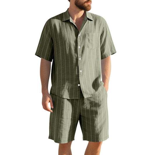 Conjunto de Dos Piezas: Camisa Jacquard a Rayas y Shorts para Playa - Image 2