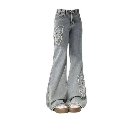 Pantalones Vaqueros Vintage con Bordado de Mariposas en Tela Pasta - Image 2