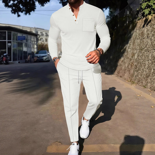 Conjunto Casual de Pantalón y Camiseta Henley Texturizada de Manga Larga para Hombre - Image 2