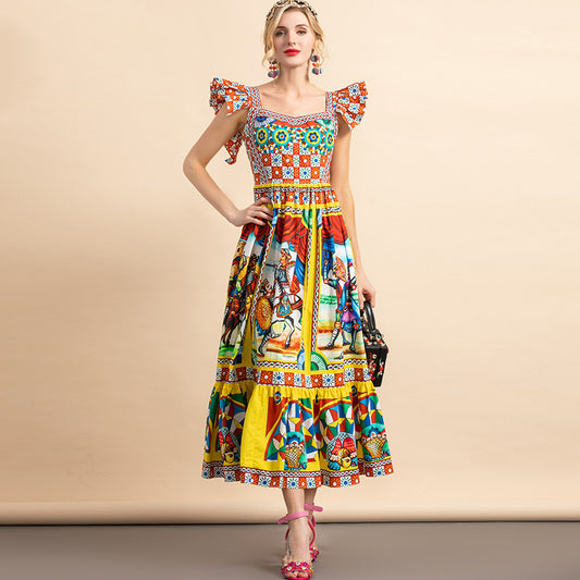 Vestido de Algodón con Estampado Guerrero de Mangas Volantes - Image 2