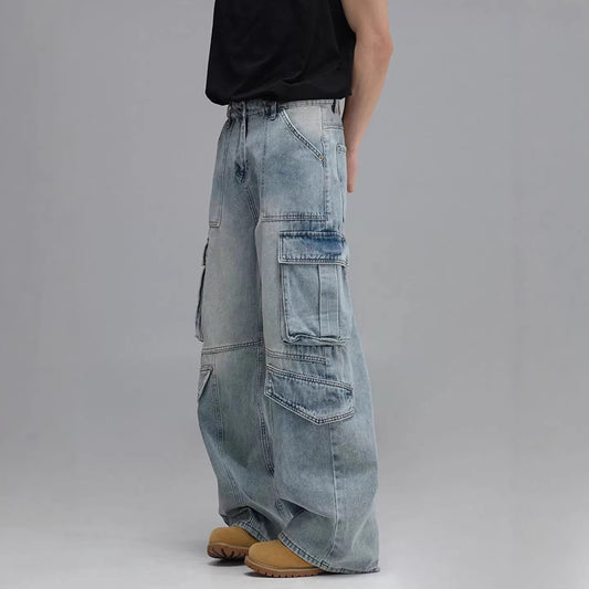 Pantalones Vaqueros de Trabajo Multibolsillos Lavados - Corte Ancho Casual para Hombre - Image 2