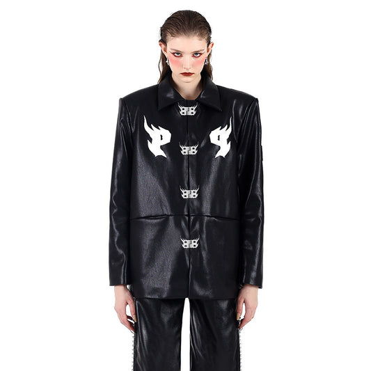 Chaqueta de Cuero y Algodón Negro con Hebilla de Metal Original - Image 2
