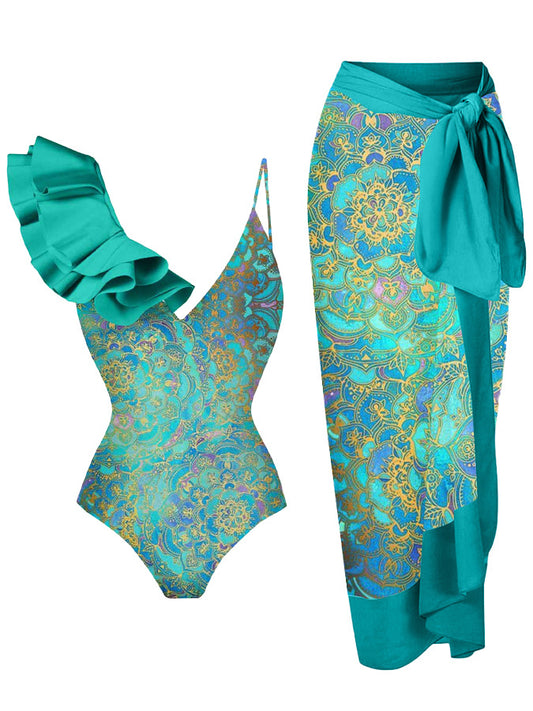 Women's one-shoulder ruffled swimsuit and matching sarong with blue and yellow lemon tile print. - Image 2