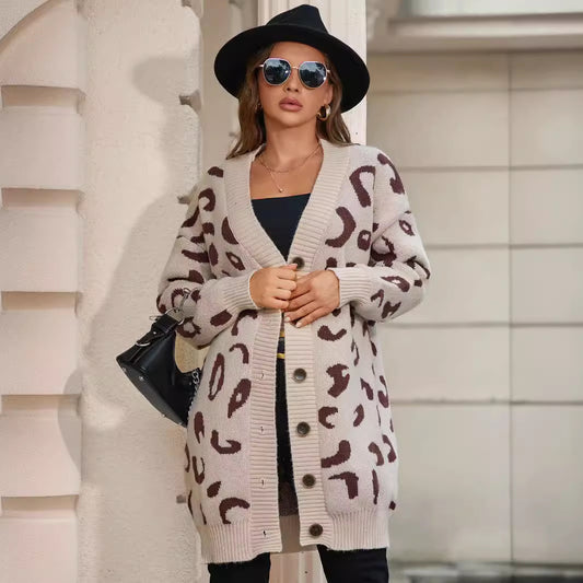 Abrigo Suéter de Leopardo Oversized Largo Medio para Mujer - Image 2