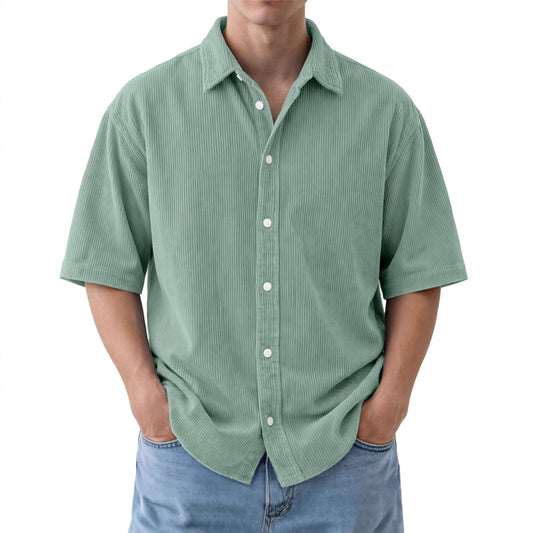 Camisa de Pana Suelta para Hombre - Manga Corta Color Sólido - Image 2