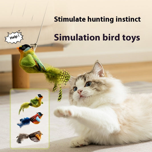 Plush bird cat toy with orange chest, grey body, feathered tail, and an elastic string for interactive play. - Image 2