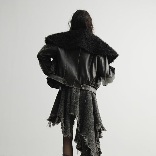 Chaqueta de Cuero Oversized con Cuello de Pelaje - Unisex Relajado - Image 2