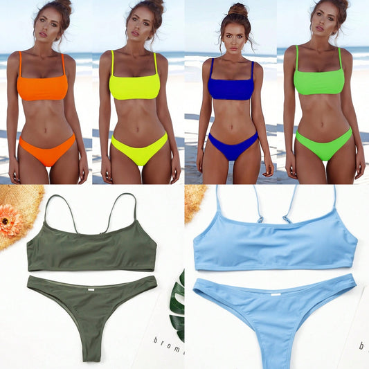 Women's casual orange textured bikini set with scoop neck top and high-cut bottoms against a stone wall. - Image 2