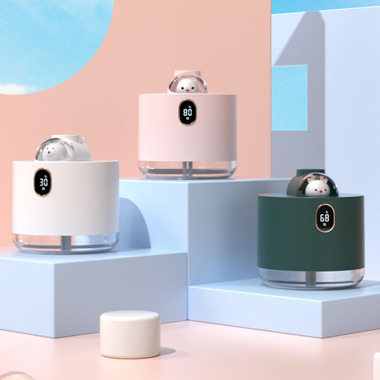 Pink wireless air humidifier with a cute white cat head design, digital display, and transparent water tank. - Image 2