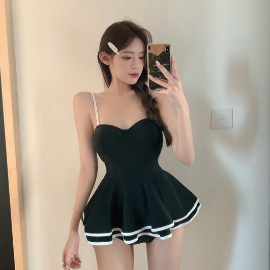 Traje de Baño Retro Estilo Japonés y Coreano - Vestido Negro Francés Elegante - Image 2