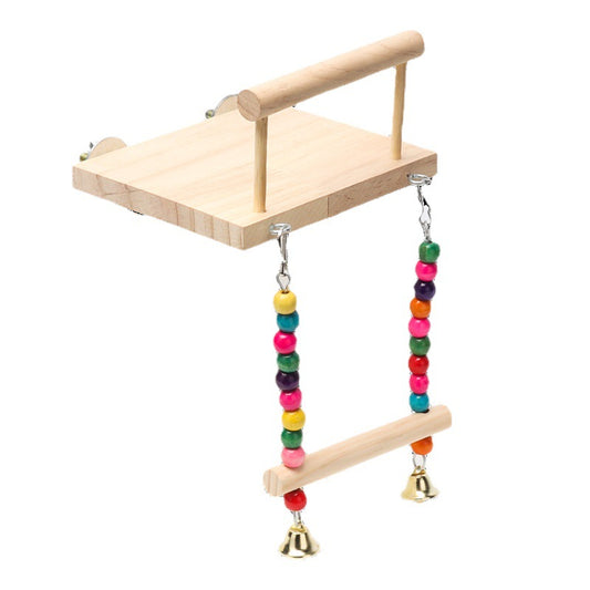 Wooden bird perch and swing set with colorful beads and bells, showing dimensions of 14cm x 12cm platform and 17cm swing height. - Image 2