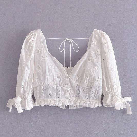 Blusa con Encaje Bordado, Moño y Mangas Abullonadas - Image 2