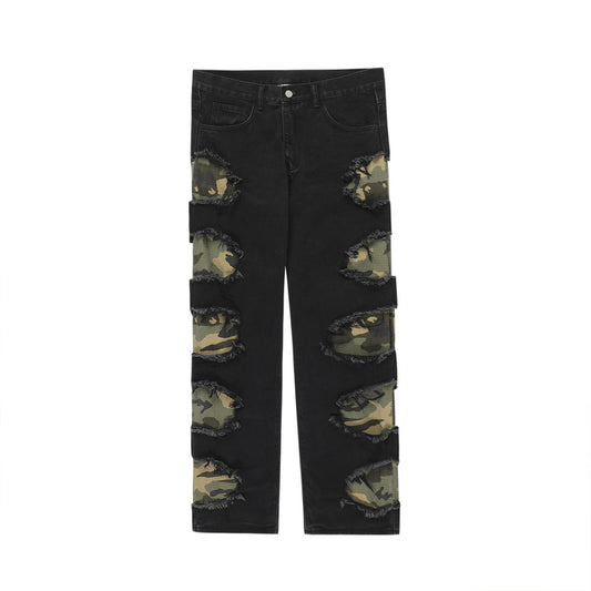 Pantalones Rectos de Camuflaje con Parches y Flecos Rotos para Hombre - Image 2
