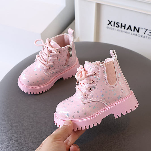White toddler girls' boots with a holographic star pattern, lace-up front, and side zipper closure. - Image 2
