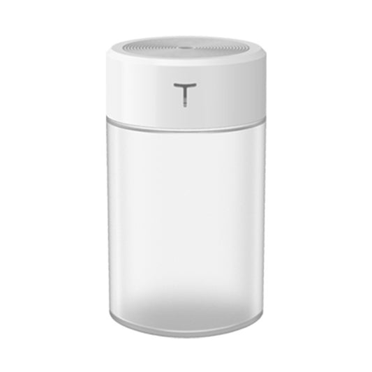 White and clear cylindrical mini humidifier with a 'T' logo, featuring a top mist outlet and transparent water tank. - Image 2